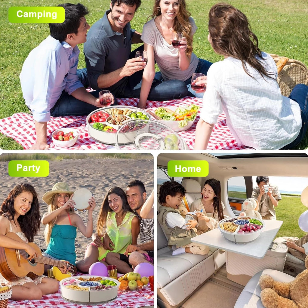 Scatola per snack con scomparti, piatto per snack con coperchio 30,5 cm, organizer girevole con 6 scomparti rimovibili e maniglia, per dolci, frutta, snack