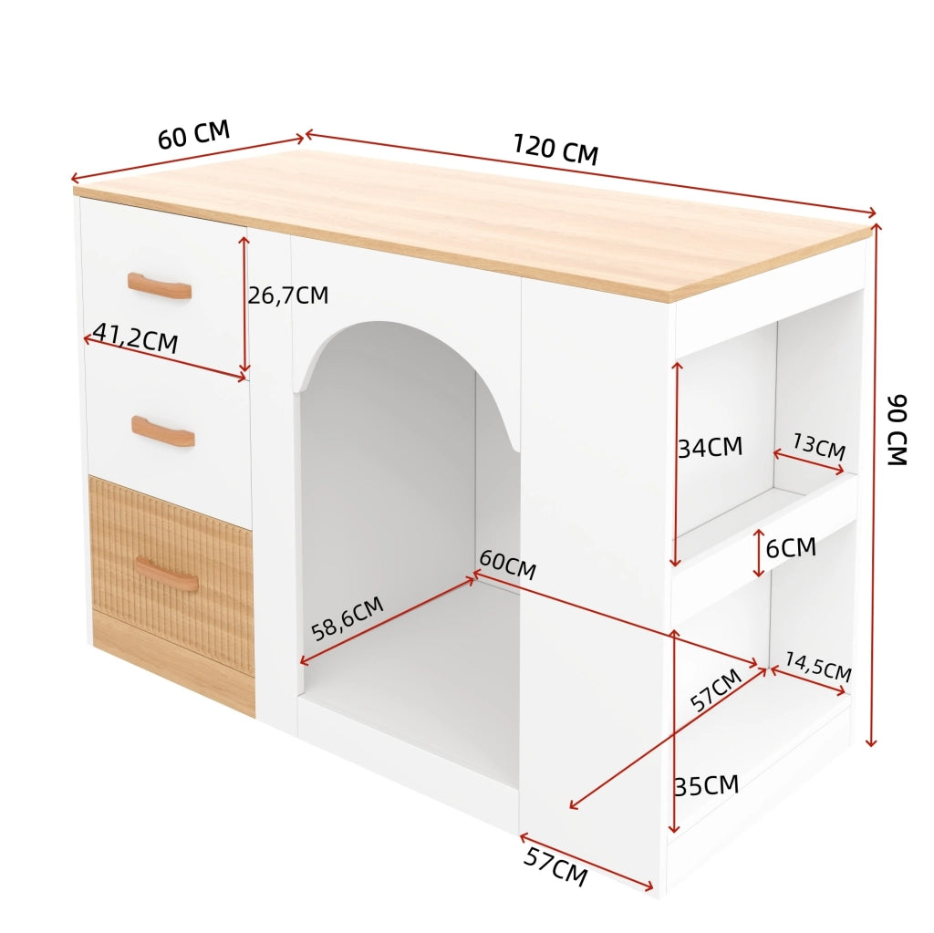Isola cucina con 3 cassetti e spazio relax per animali, bianco con finitura legno, 120 x 60 x 90 cm