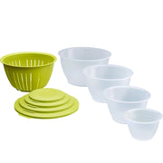 Set da 9 pezzi: 4 ciotole con coperchio e colino, capacità da 0,6 a 4,4 litri, trasparenti/verdi