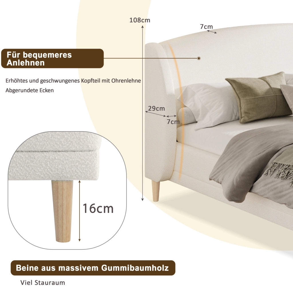 Letto matrimoniale 140×190 cm in tessuto bouclé con testiera a orecchie e sommier a doghe, piedi in legno di hevea, bianco avorio