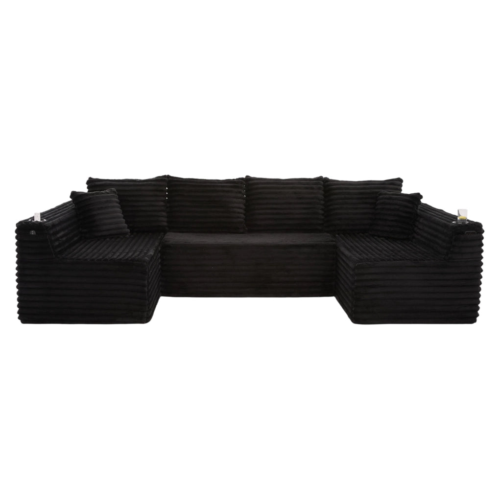 Divano modulare a U 320x155x88 cm in tessuto nero con portabicchieri