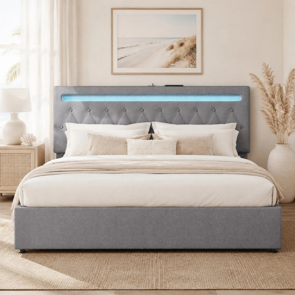 Letto 180x200 cm imbottito con sollevamento idraulico, luci LED multicolore e porta USB grigio