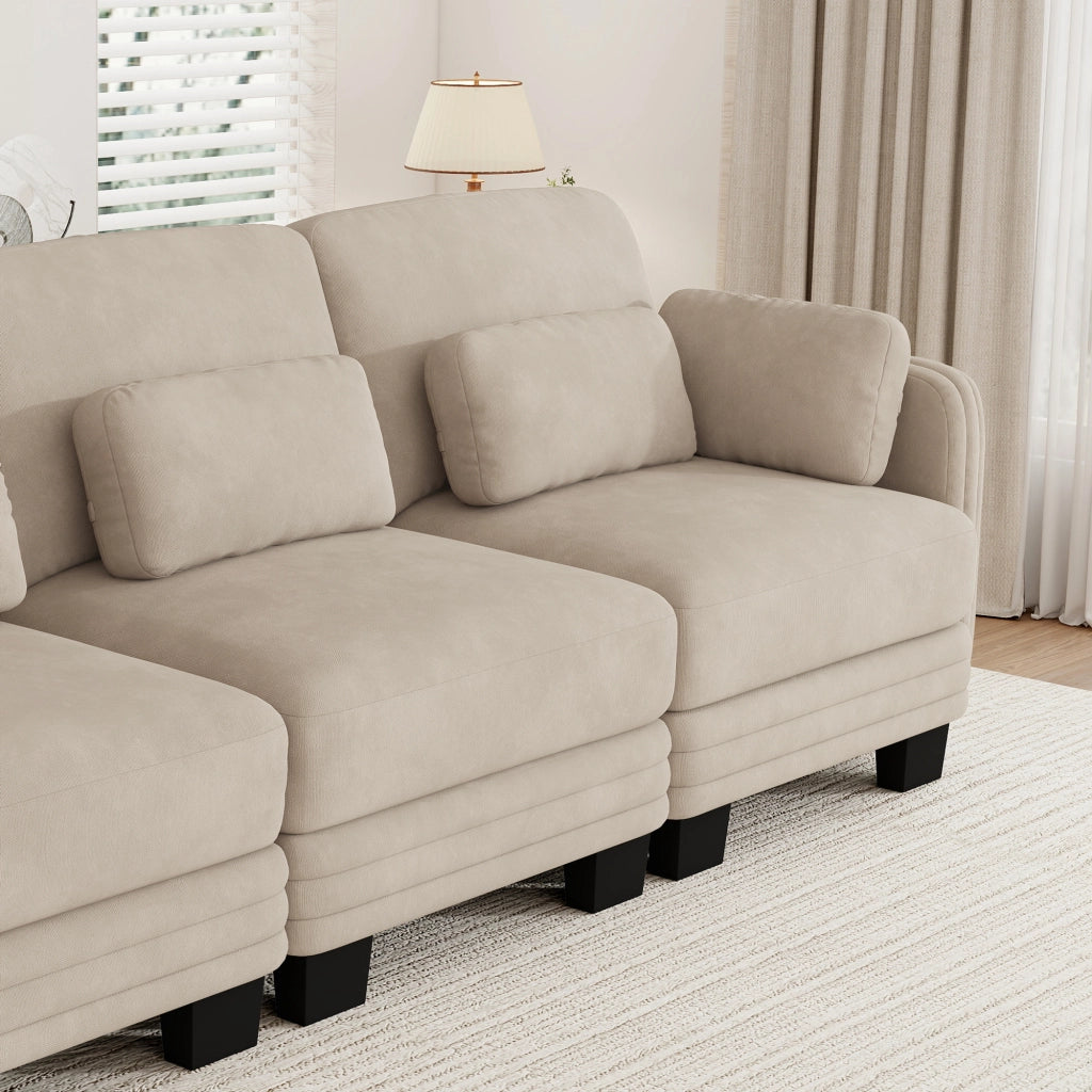 Divano modulare 330x88x88 cm con cuscini lombari e per braccioli in ciniglia color caffè chiaro