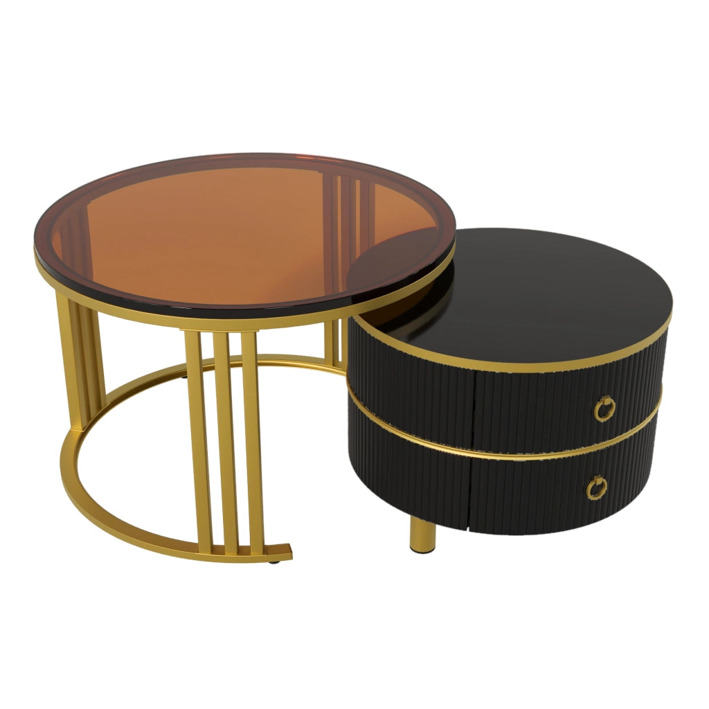Tavolino da salotto set di 2 rotondi con 2 cassetti in MDF e vetro temprato nero e oro con gambe in metallo
