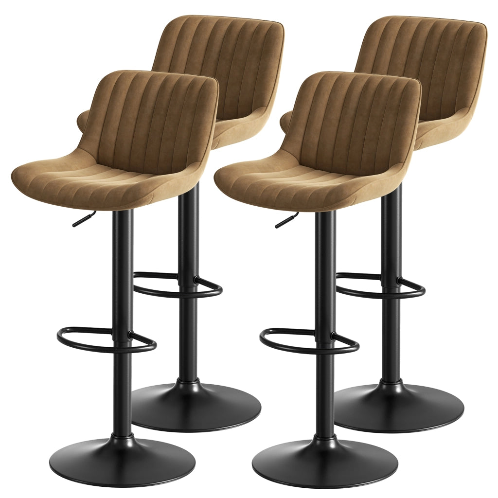 Set di 4 sgabelli da bar girevoli regolabili in altezza con rivestimento in velluto marrone e schienale curvo