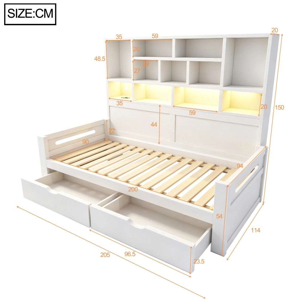 Letto divano 90 x 200 cm bianco con cassetti, LED e prese