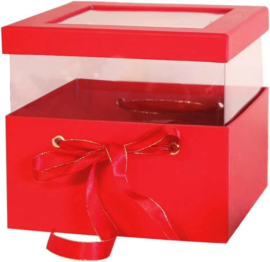 Set di tre scatole regalo quadrate, rosse, con parte superiore trasparente e nastri di raso
