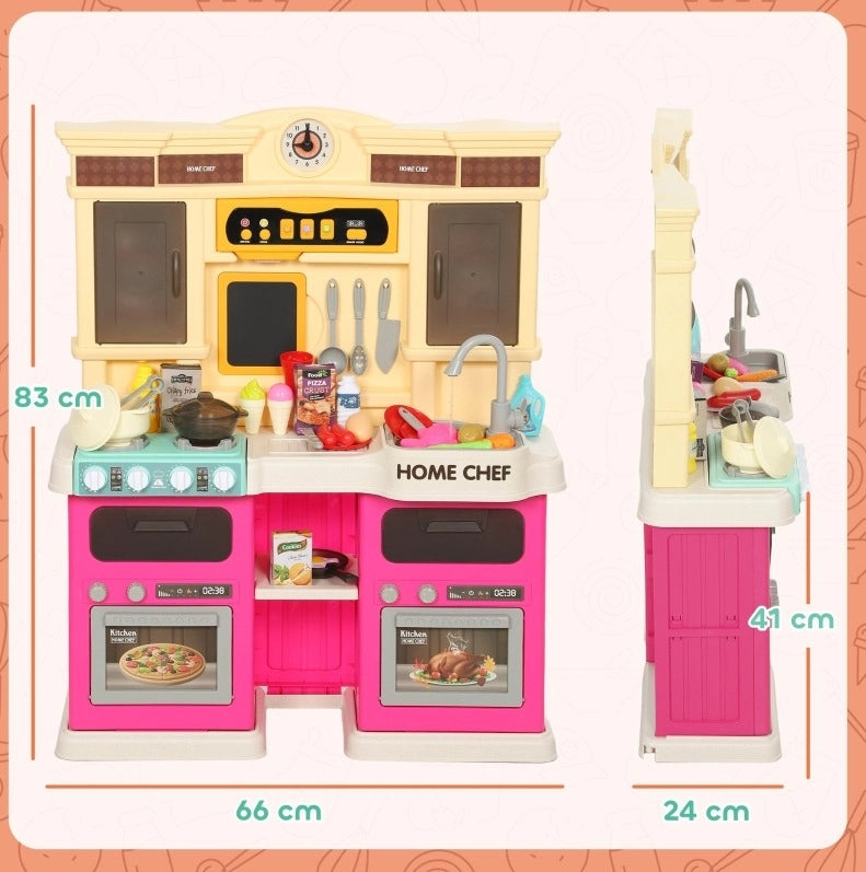 Cucina giocattolo con rubinetto elettrico, vapore e 85 accessori