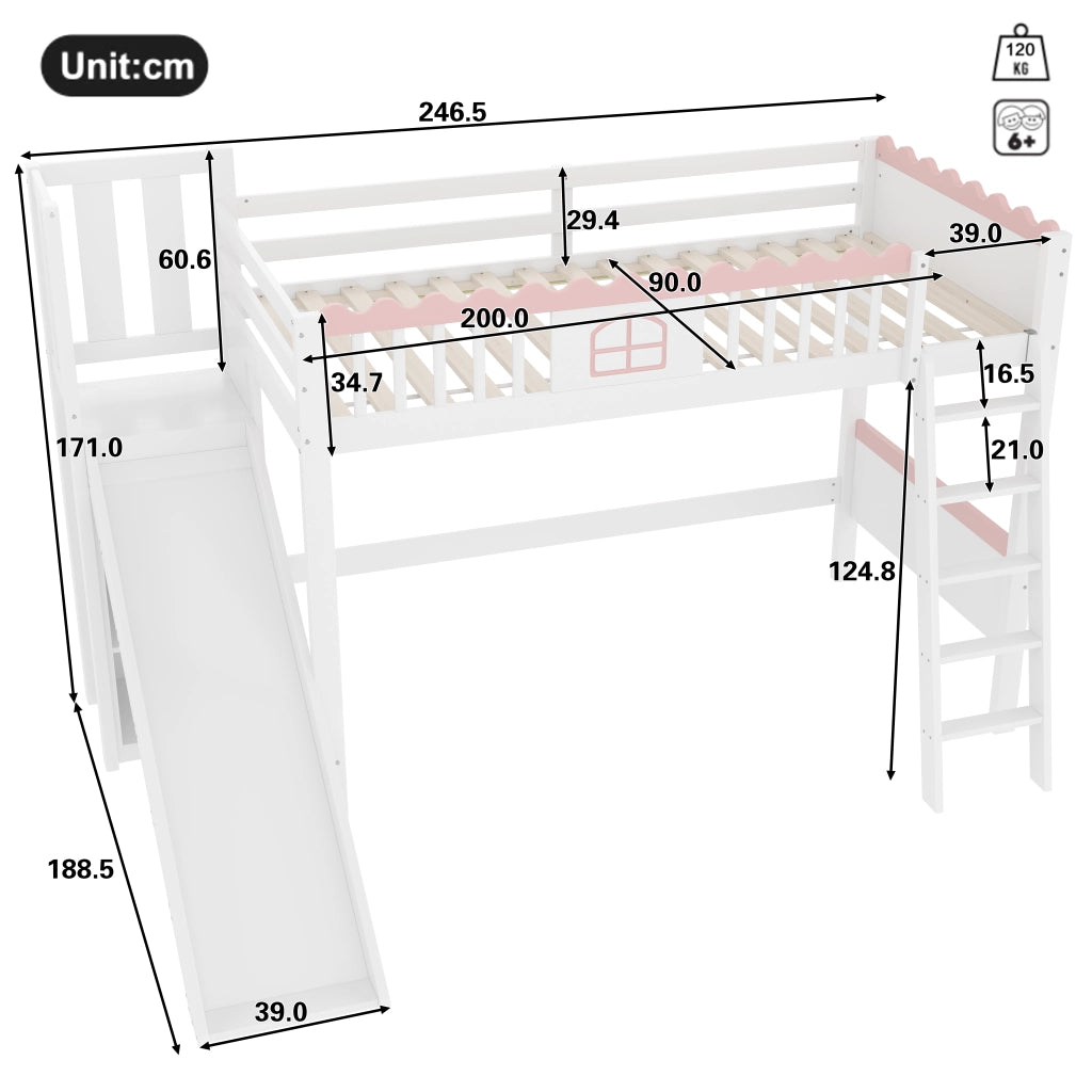 Letto a soppalco per bambini con scivolo; bianco 90x200 cm