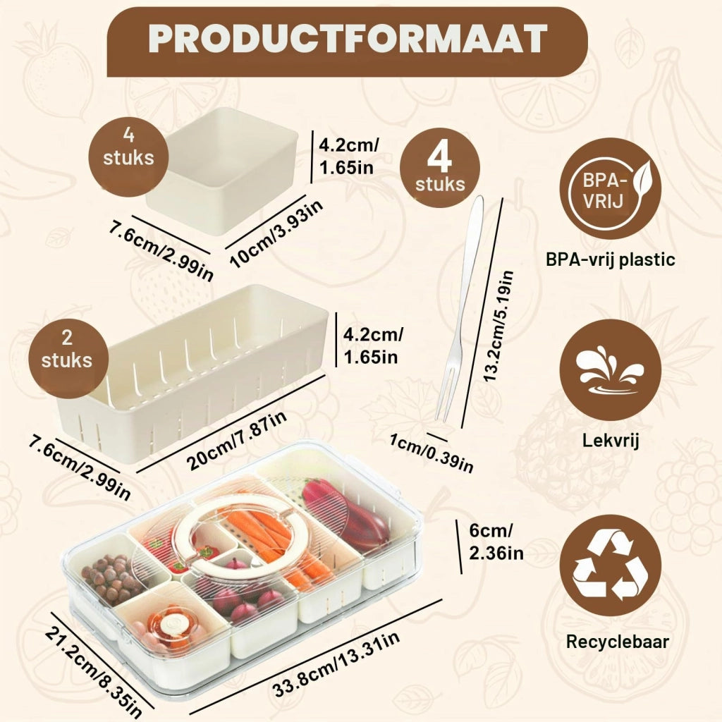 Contenitore per snack con 6 scomparti, coperchio, maniglia e 4 forchette, portatile