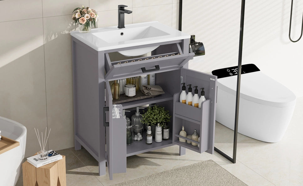 Mobile bagno grigio in MDF con lavabo in ceramica integrato, 60x46x84,8 cm, doppia anta e ripiani regolabili