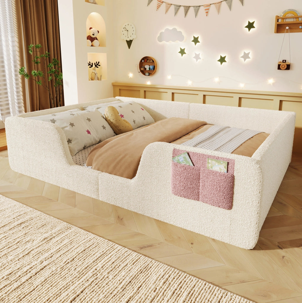 Letto imbottito per bambini 140x190 cm con sponde di sicurezza rimovibili e tasca integrata in velluto beige