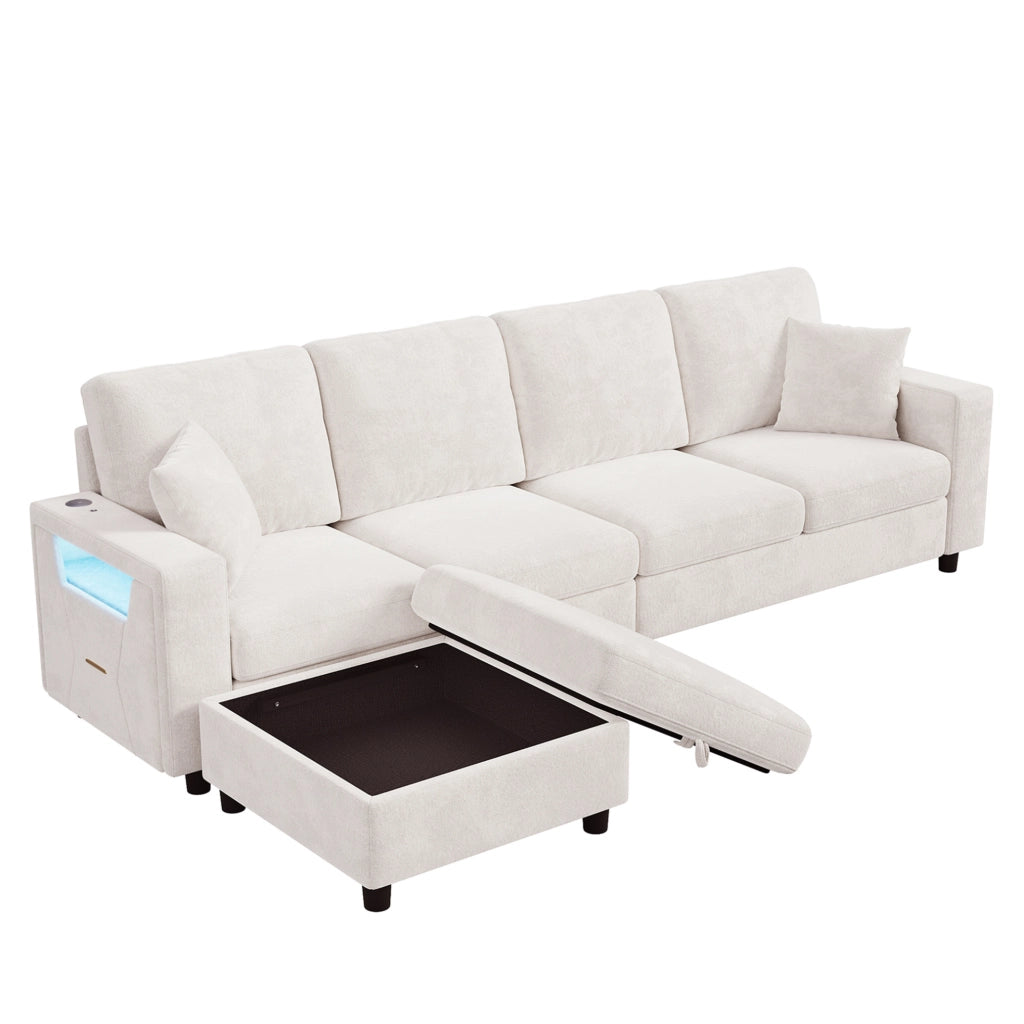 Divano Angolare Modulare 4 Posti in Poliestere 282 x 153 x 82 cm - LED USB e Type-C Beige