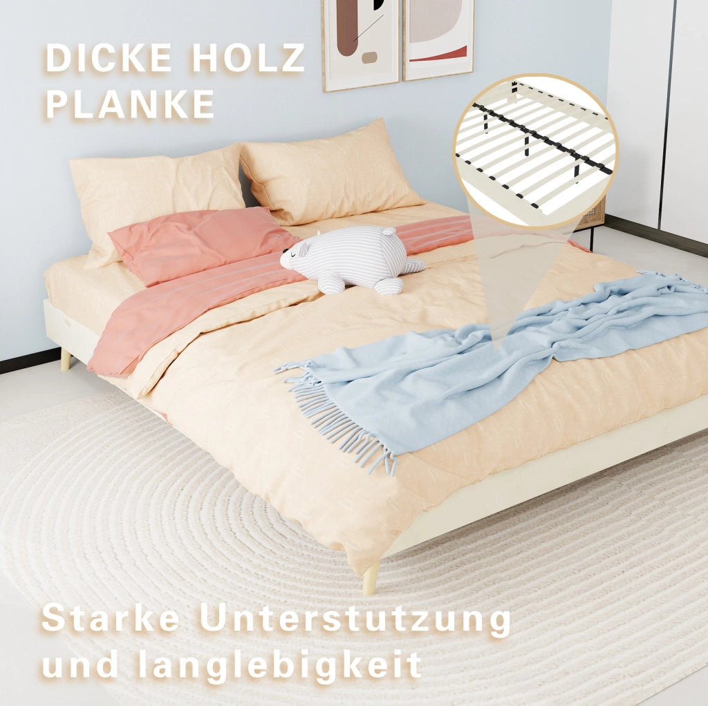 Struttura letto matrimoniale 160x200 cm in tessuto beige con base bassa e struttura in metallo