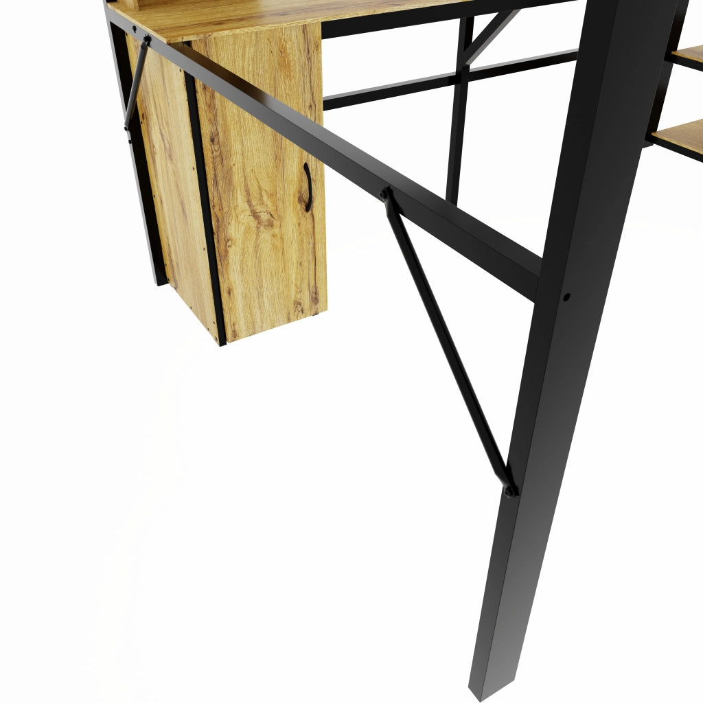 Letto a soppalco 140 × 200 cm con scrivania ripiani armadio scala contenitore metallo e MDF nero con porta USB