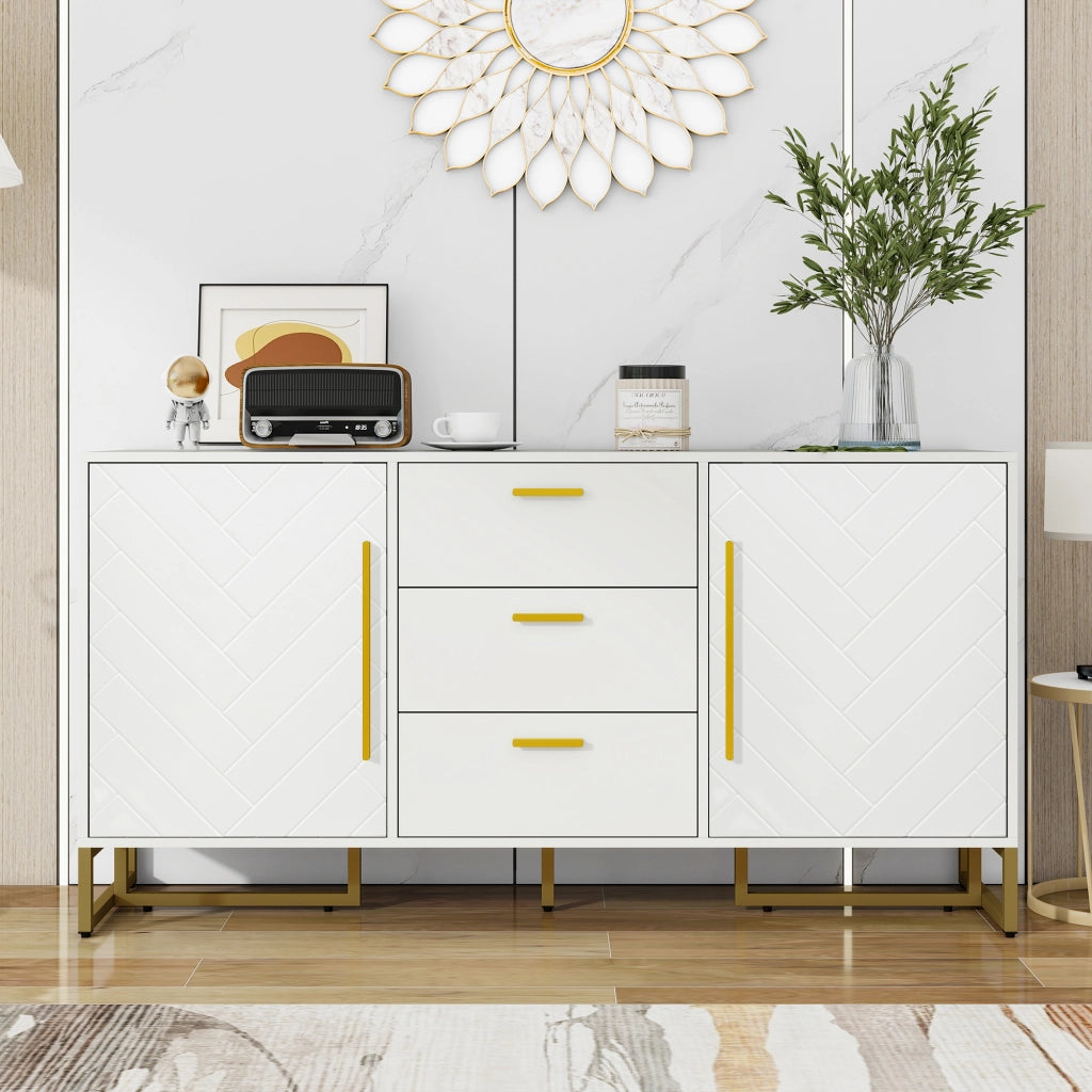 Credenza con 2 ante e 3 cassetti in MDF bianco con ripiani regolabili e motivo a chevron