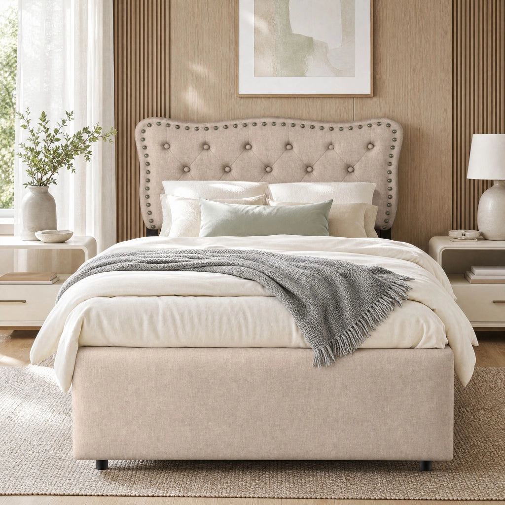 Letto imbottito 90 × 200 cm con 2 cassetti; MDF e lino; beige marrone