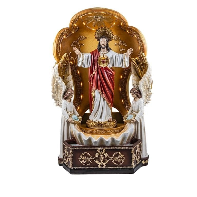 Fontana del Sacro Cuore con angelo, realizzata in resina, dipinta a mano, altezza 60 cm