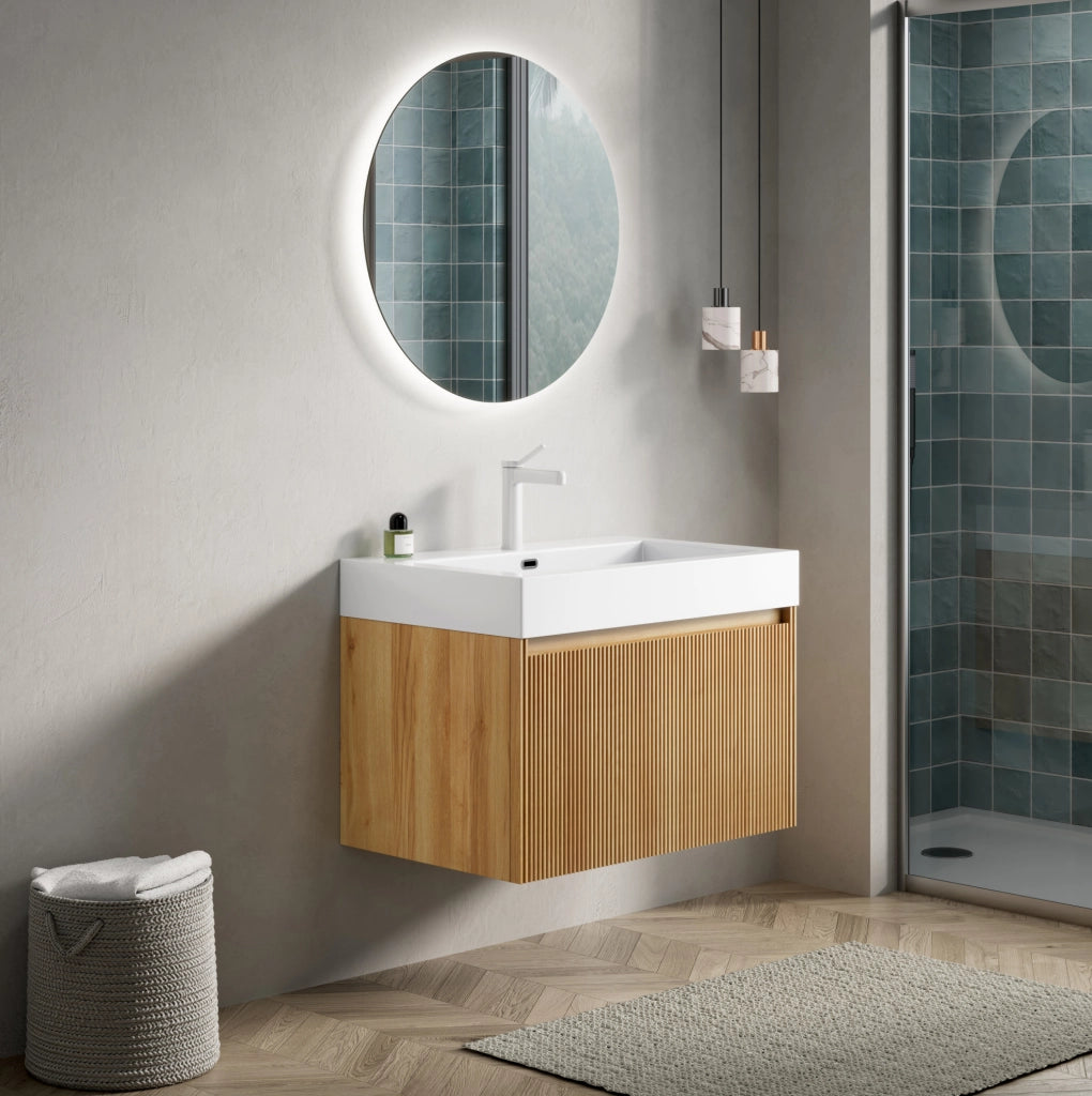 Mobile bagno sospeso 70 cm con lavabo integrato in resina bianca e corpo in compensato effetto quercia naturale