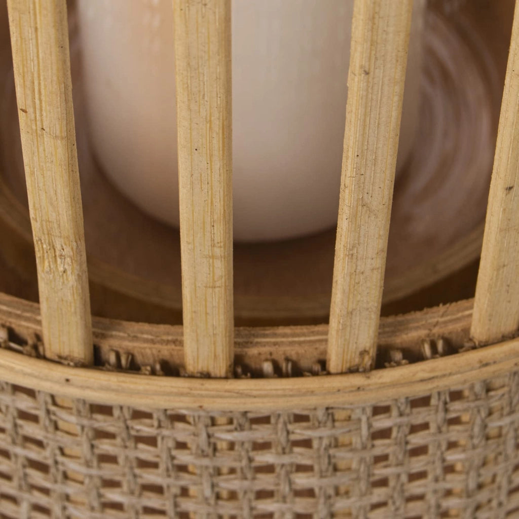 Set di 2 lanterne in legno, forma rotonda, colore naturale, dimensioni 30x51 cm e 24x47 cm