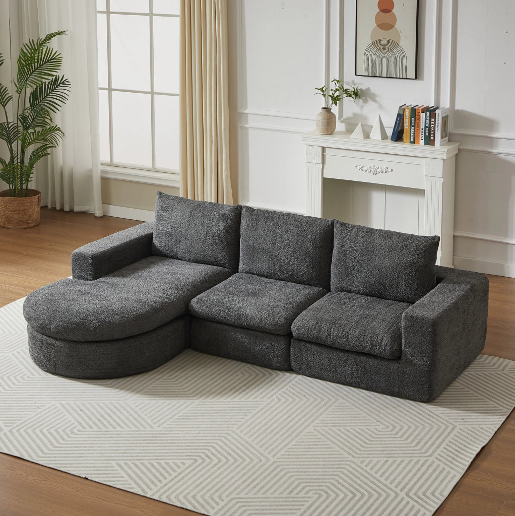 Divano modulare in ciniglia grigio con chaise longue reversibile