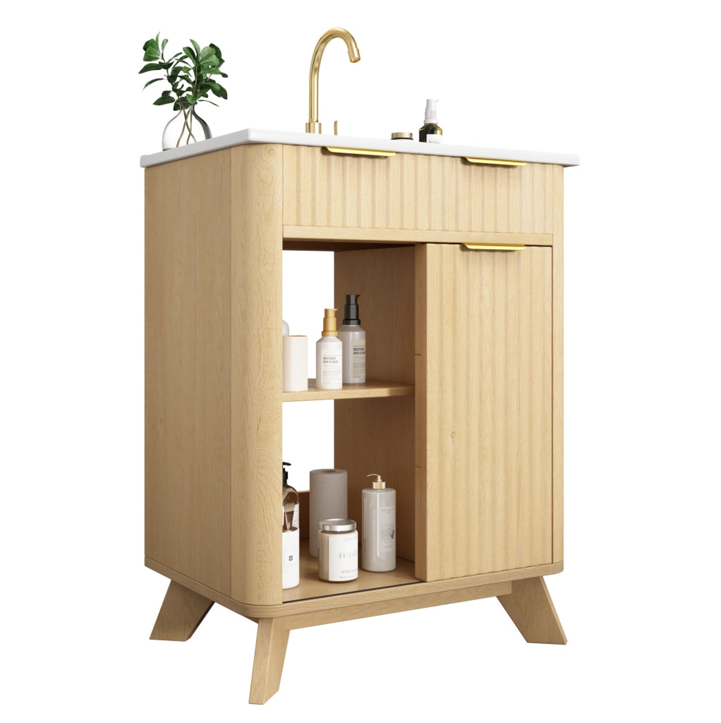 Mobile bagno 61 cm con lavabo in ceramica, 3 cassetti e anta scorrevole in MDF finitura legno naturale con motivo a onde