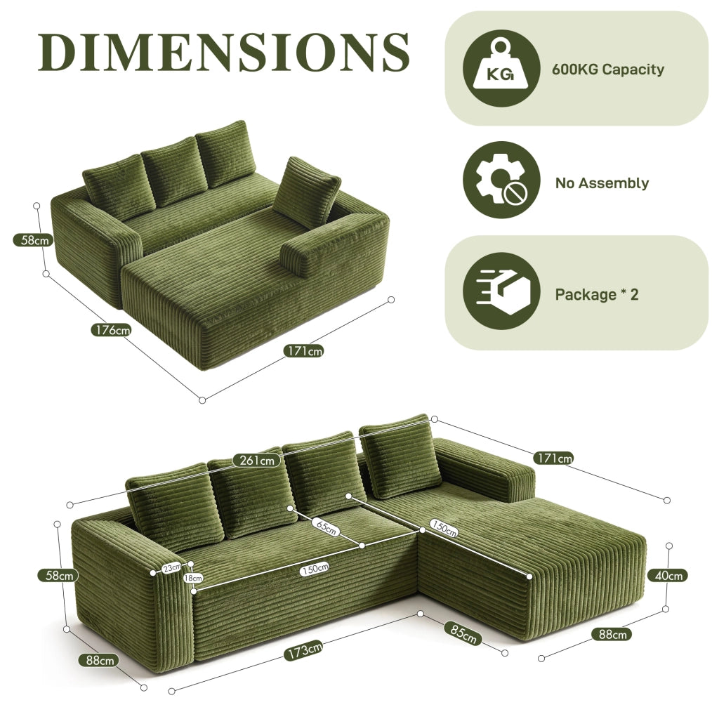 Divano modulare a L con chaise longue in velluto a coste verde