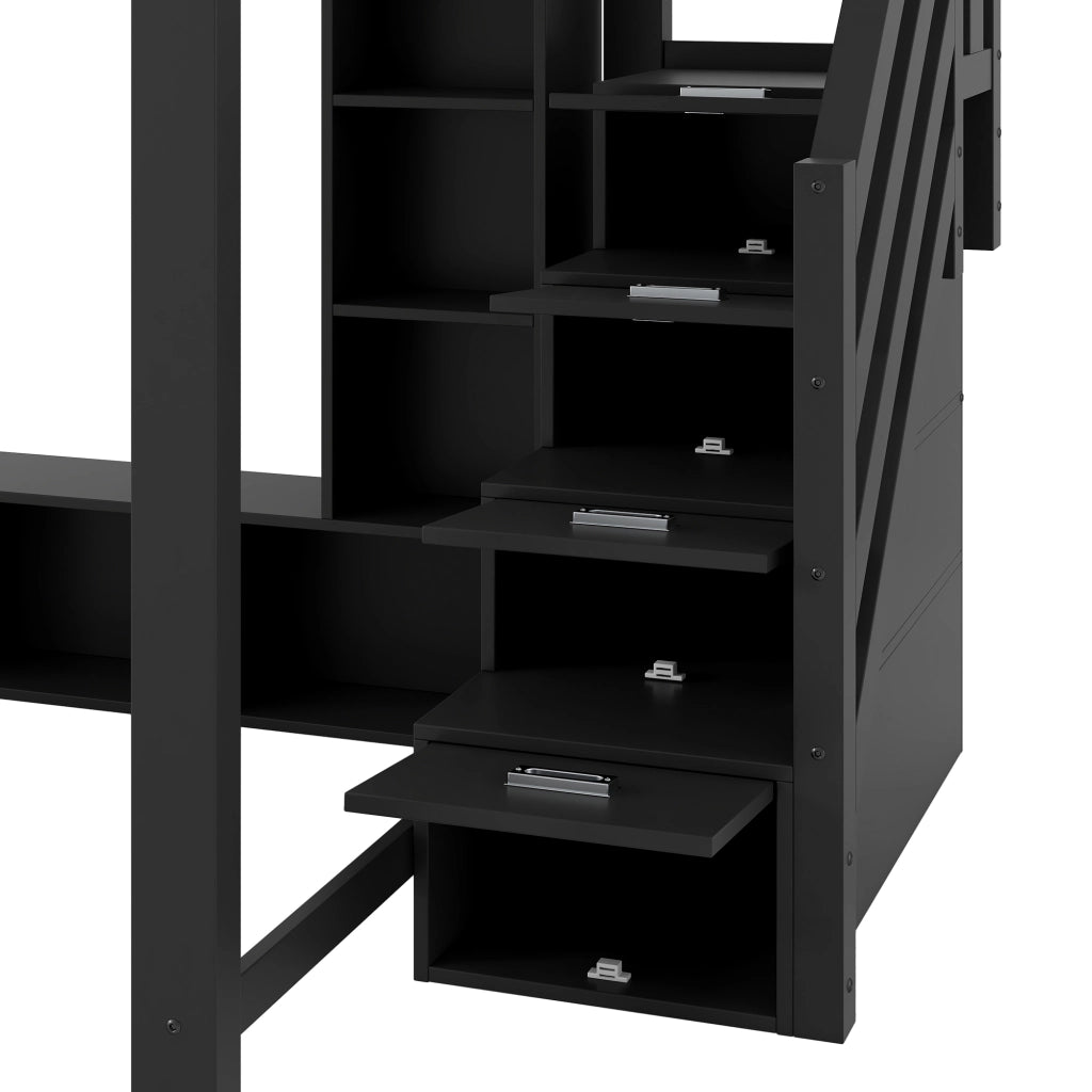Letto a soppalco 140 × 200 cm con scrivania scale contenitore LED in MDF e compensato nero