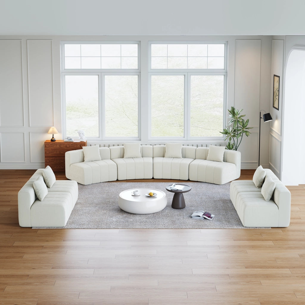 Modulo per divano curvo con 2 cuscini in ciniglia beige