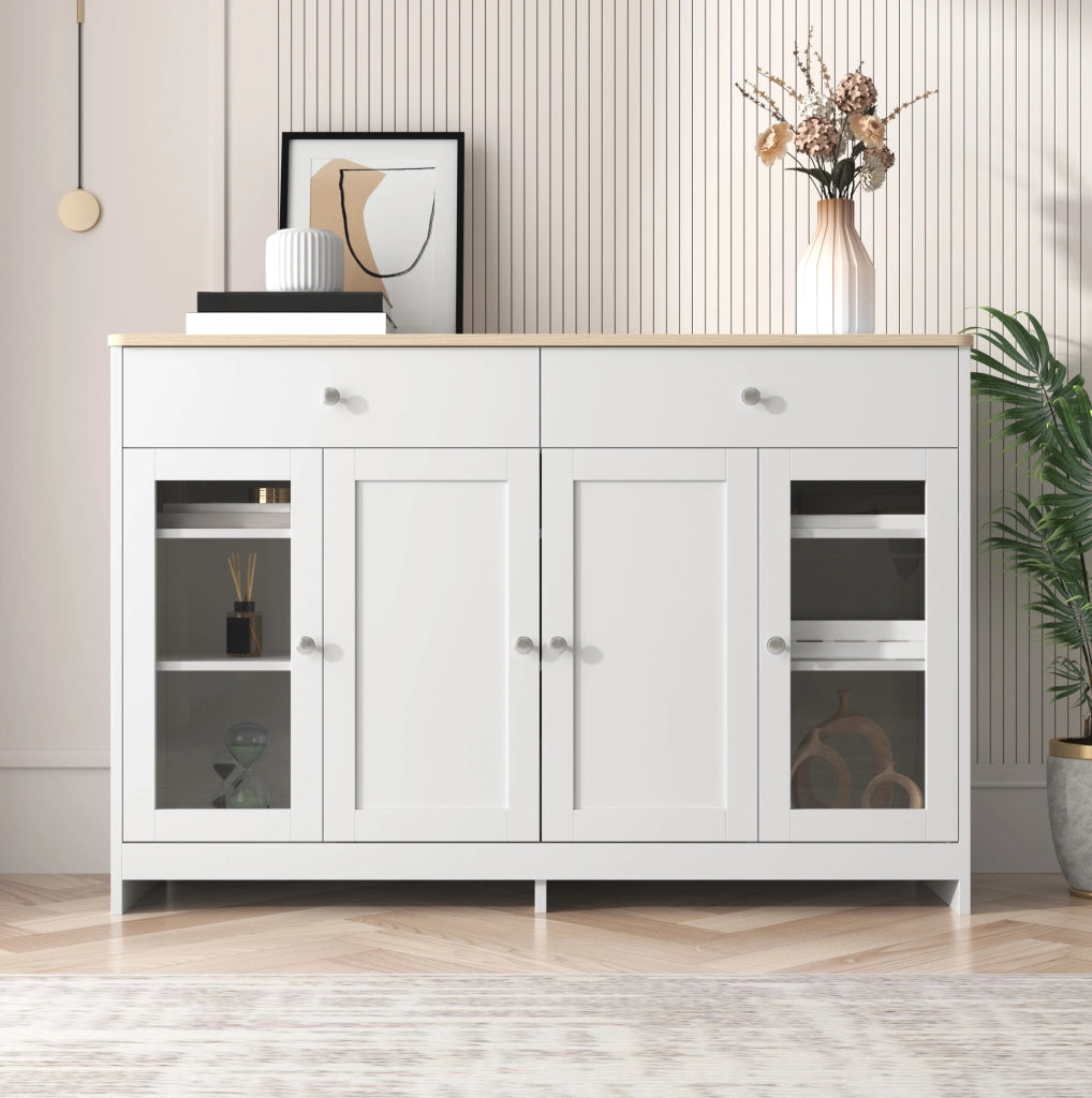 MADIA 120x37x80 cm in MDF bianca e color legno, 4 ante e 2 cassetti