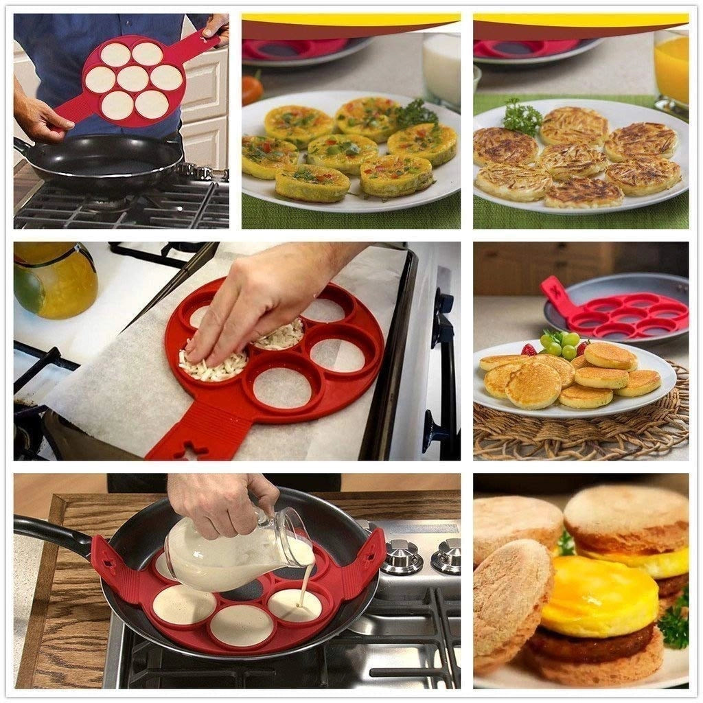 Stampo in silicone per pancake, 7 cavità, rotondo, rosso, antiaderente