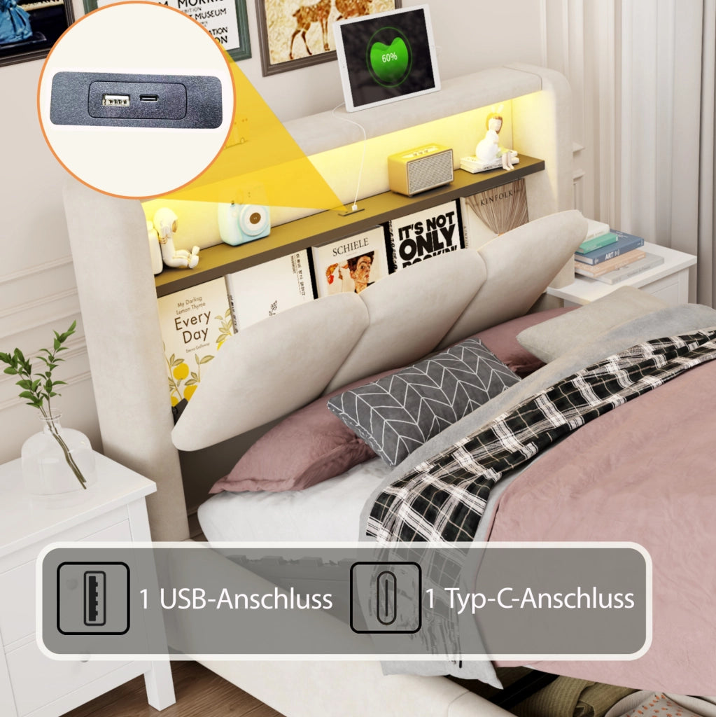 Letto singolo imbottito 90x200 beige con contenitore, LED e USB