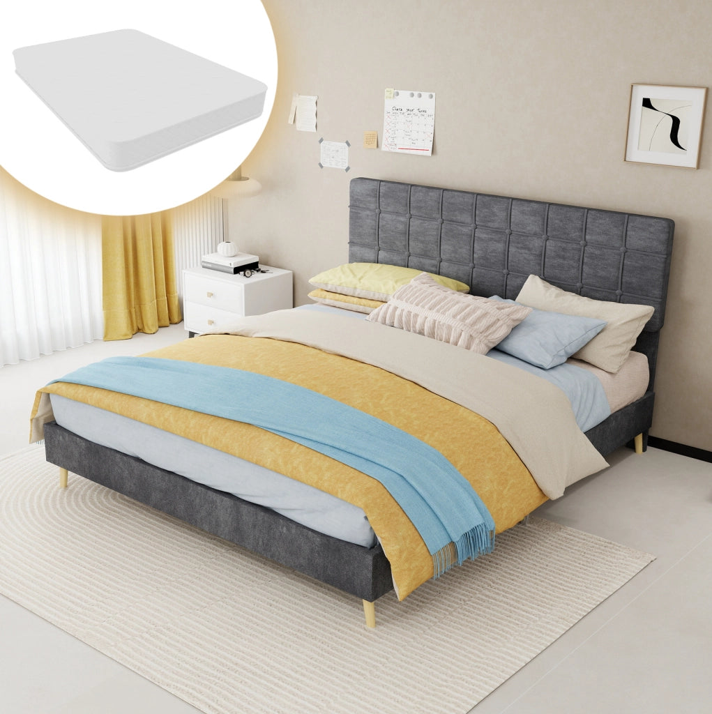 Letto matrimoniale grigio scuro in tessuto con testiera imbottita a quadri, 160x200 cm, con materasso incluso