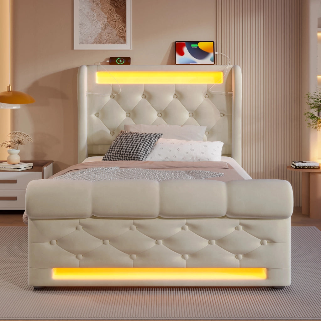 Letto contenitore 140 ¡Á 200 cm con LED; USB e Type-C; vano nella testiera; rivestito in lino grigio