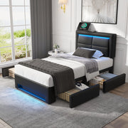 Letto imbottito 90x200 cm con quattro cassetti; LED e USB; PU nero