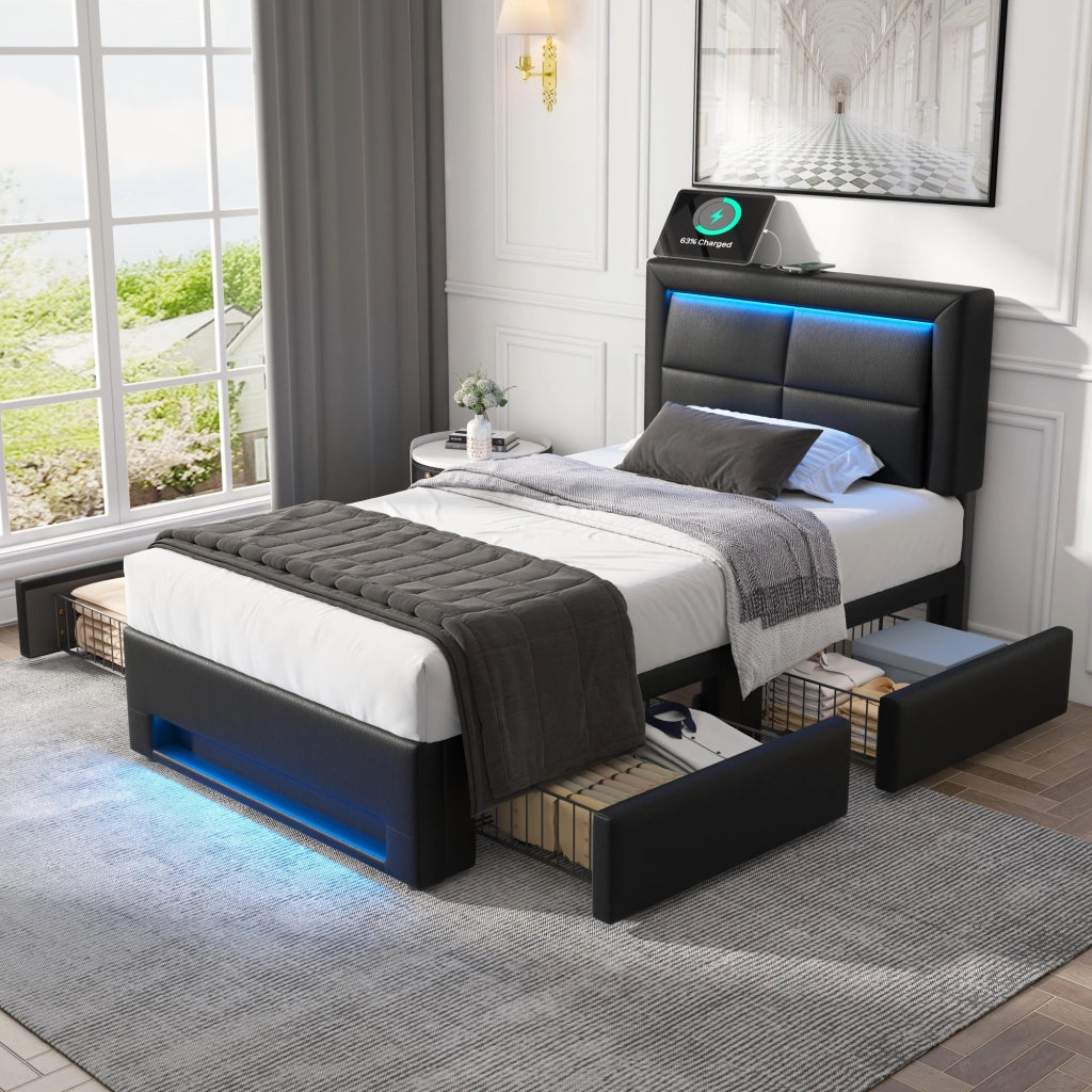 Letto imbottito 90x200 cm con quattro cassetti; LED e USB; PU nero