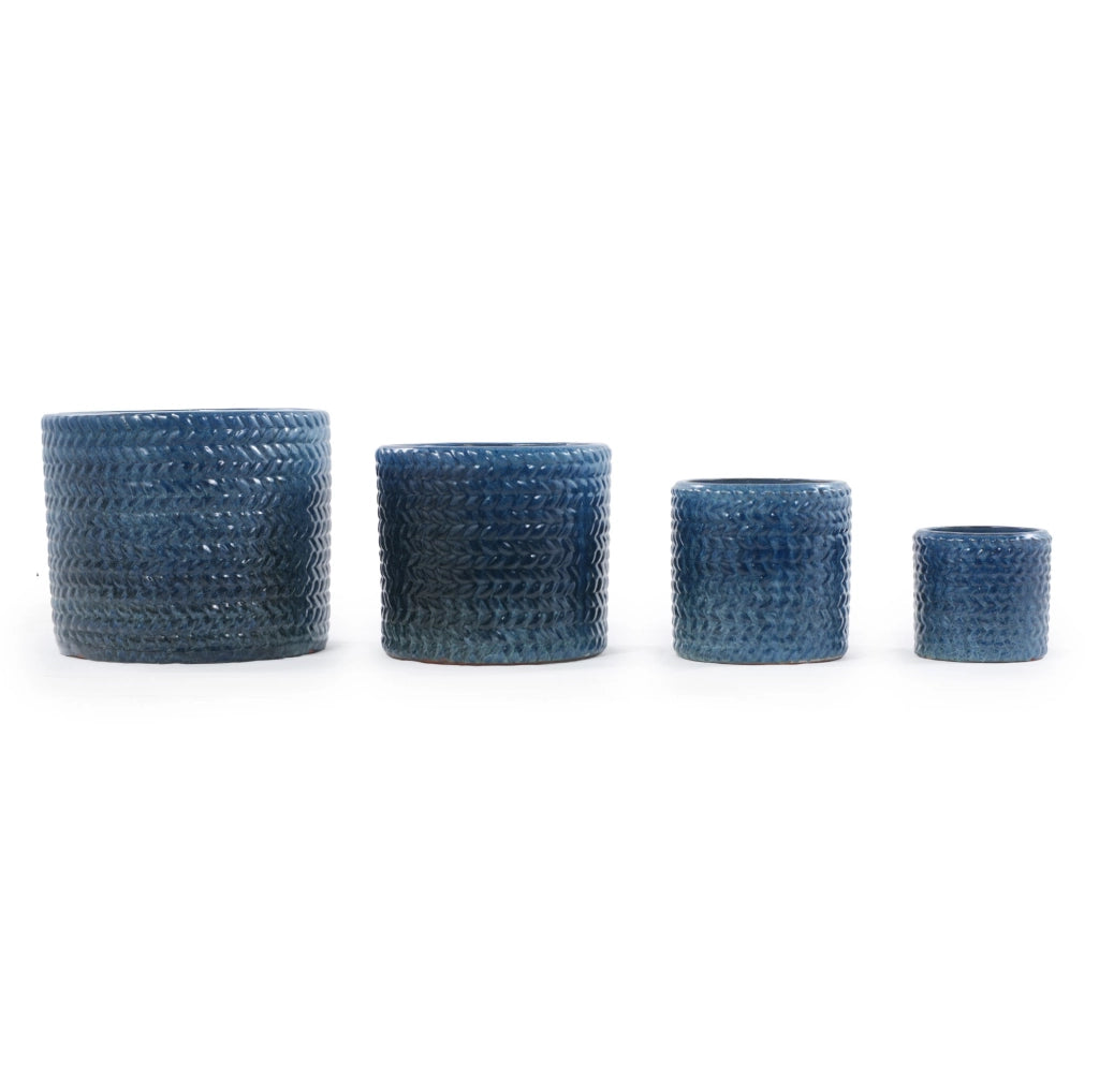 Vaso in ceramica blu scuro Ø 17,5 cm con rilievo a spina di pesce