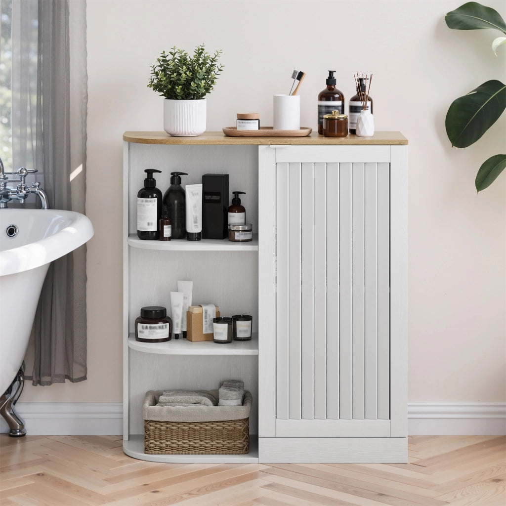 Mobile da bagno ad angolo 68 × 25 × 76 cm bianco e rovere con 3 ripiani aperti ante a griglia e ripiani regolabili