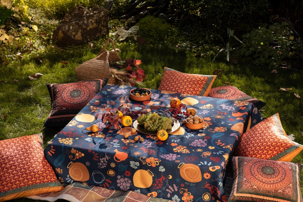 Tovaglia Qvevri, motivo vino, 210x140 cm, cotone, blu