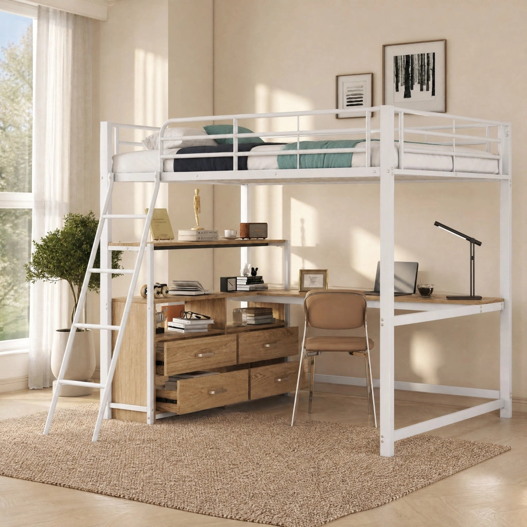 Letto a soppalco 140 × 200 cm con scrivania a L cassetti struttura in metallo e MDF bianco