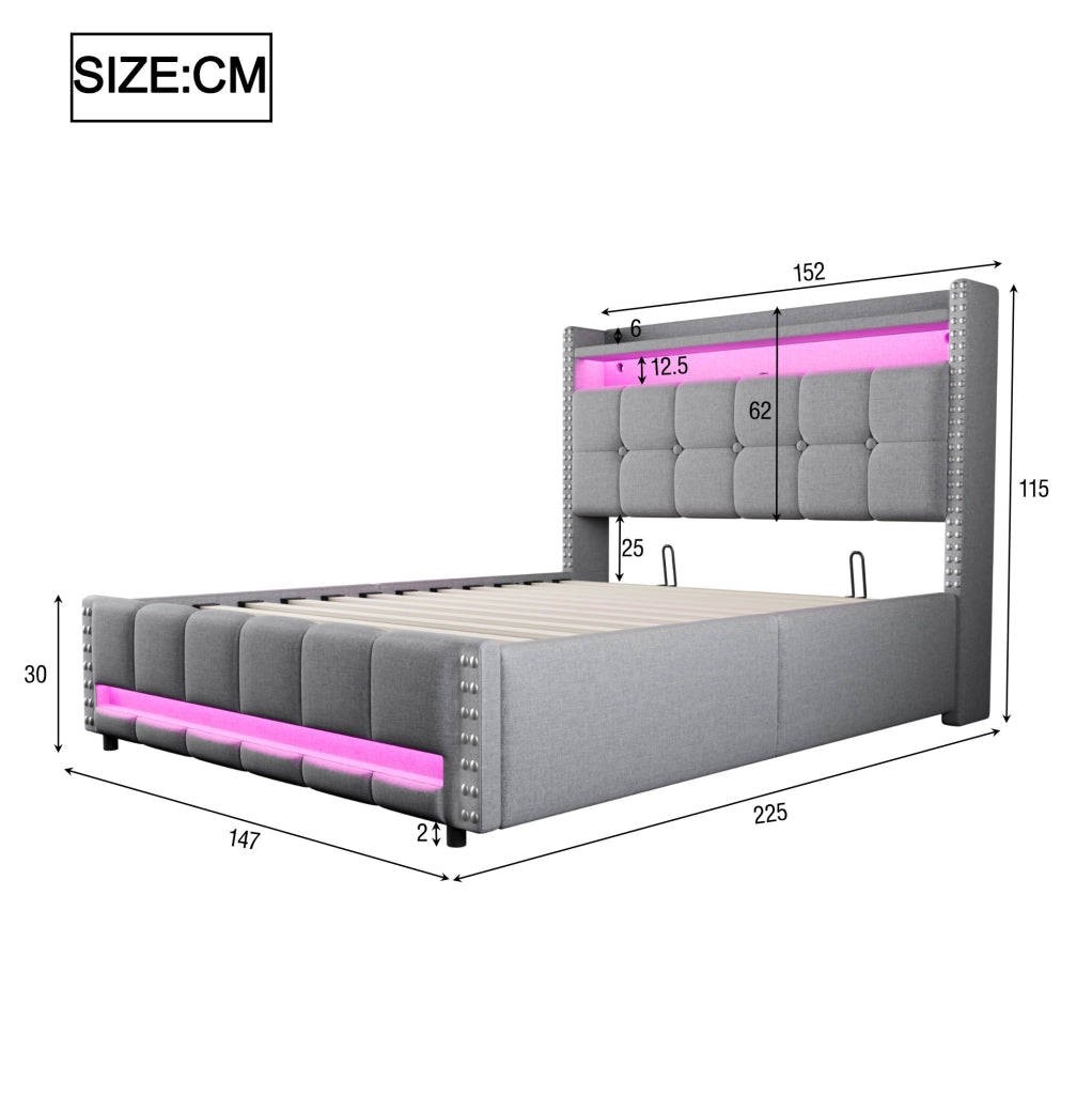 Letto imbottito 140 × 200 cm con contenitore idraulico; LED e presa USB; lino grigio chiaro