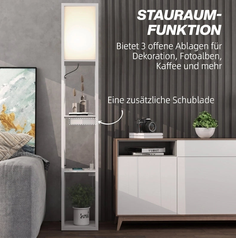 Lampada da terra bianca in MDF con 3 ripiani, prese USB e interruttore a pedale