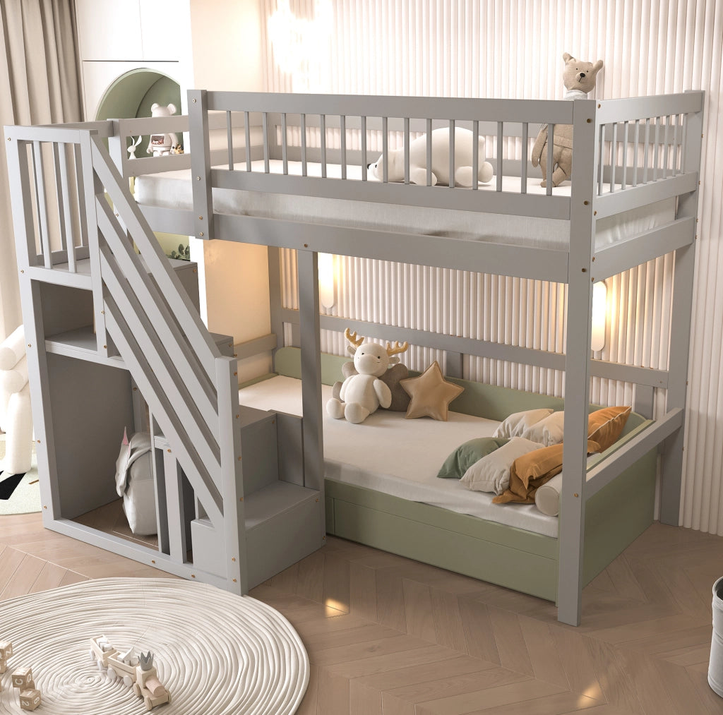 Letti a soppalco per bambini 90x200 cm con scala, armadio e rete a doghe in pino bianco e grigio, senza materasso