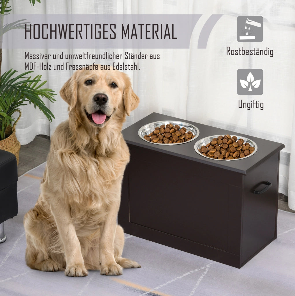 Station de Repas surélevée pour Chien 60x30x41 cm - MDF Brun avec Rangement et Gamelles
