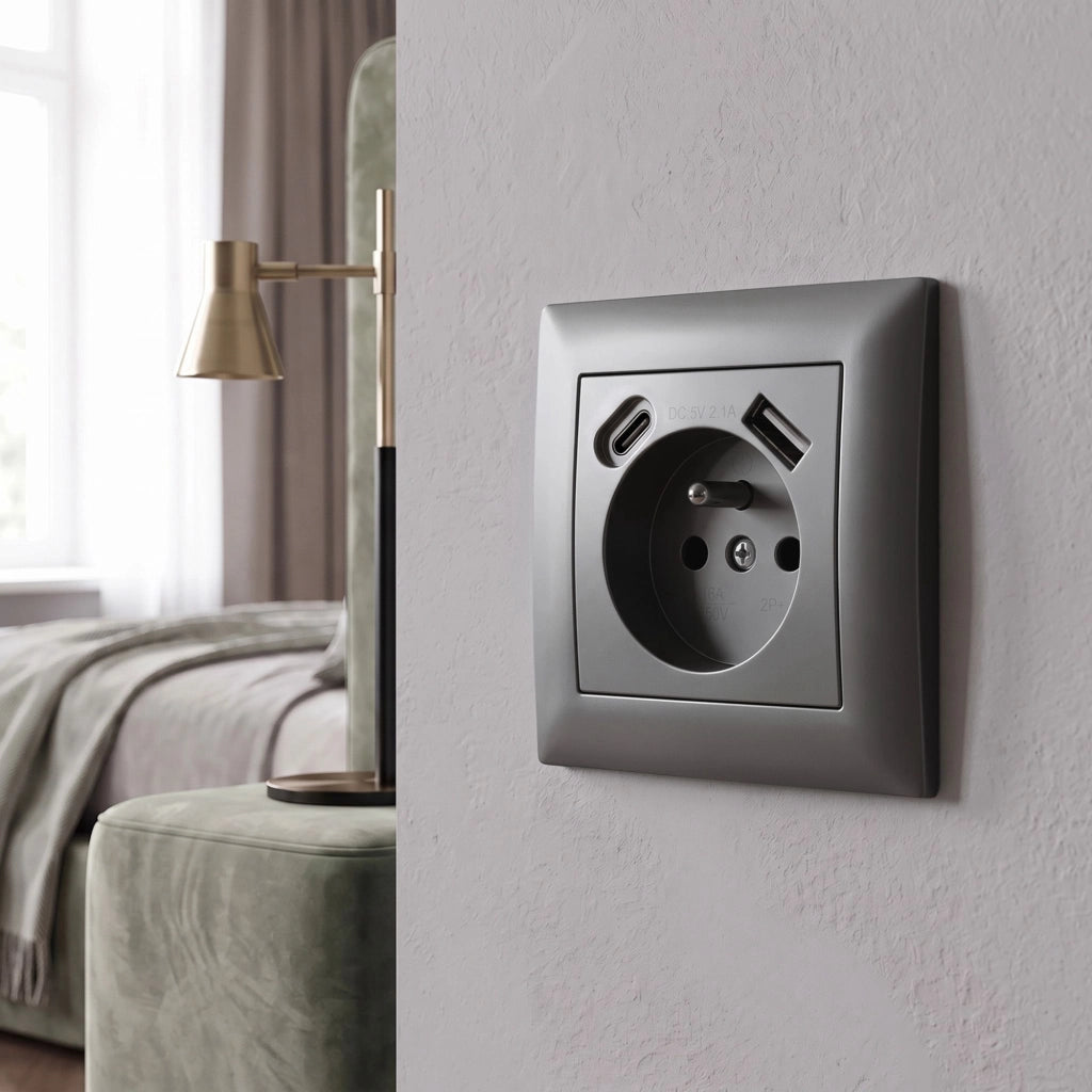 Presa Singola Con Messa A Terra + Usb-a Usb-c Oste Jnh004-g Grey