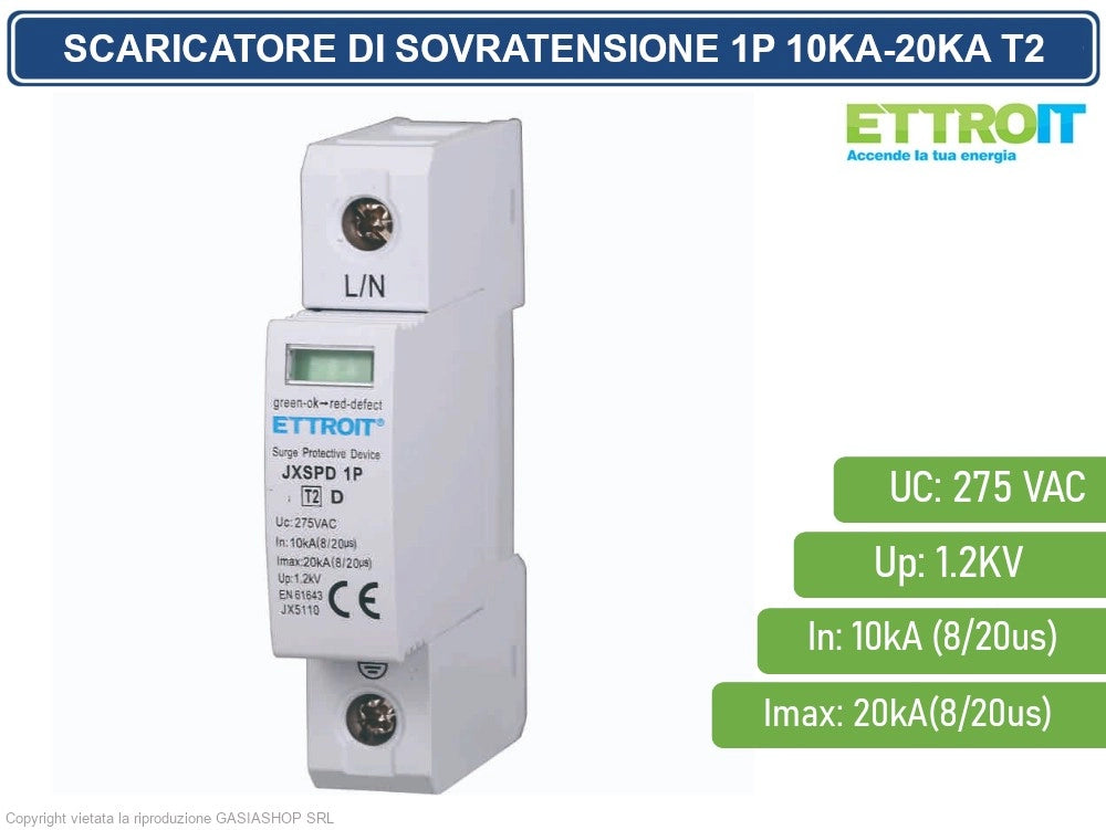 ETTROIT SCARICATORE LIMITATORE DI SOVRATENSIONE 1 MODULO TIPO T2 1P 10KA-20KA SPD A LIMITAZIONE PER BARRA DIN