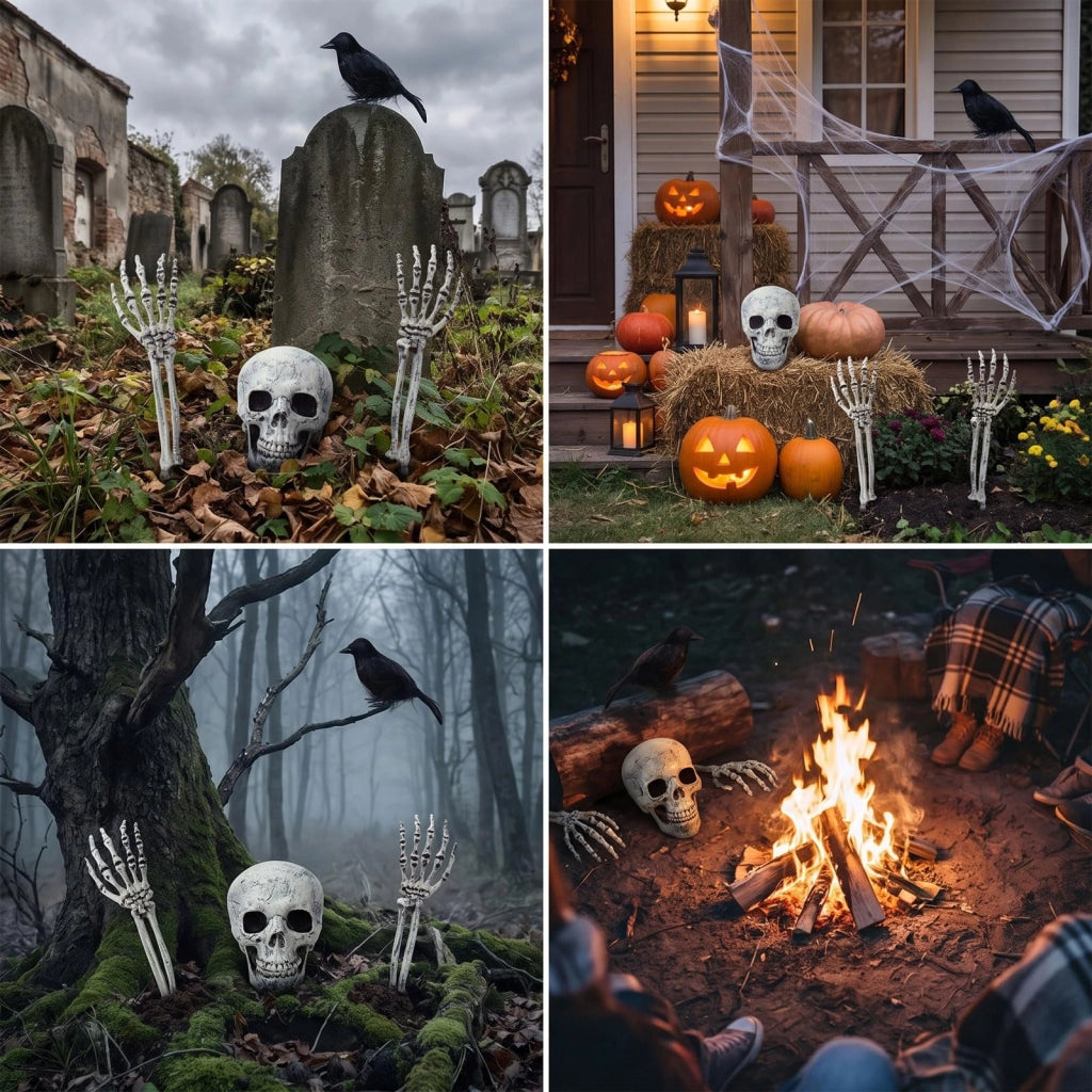 Set per Halloween: teschio, corvo, 2 braccia scheletriche