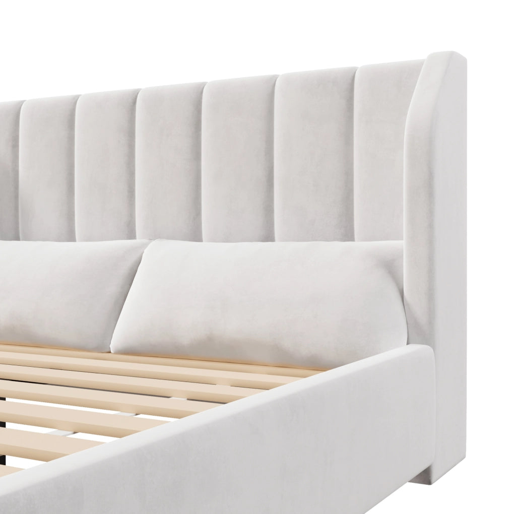 Letto a piattaforma imbottito 140x200 cm in velluto francese beige con rete a doghe