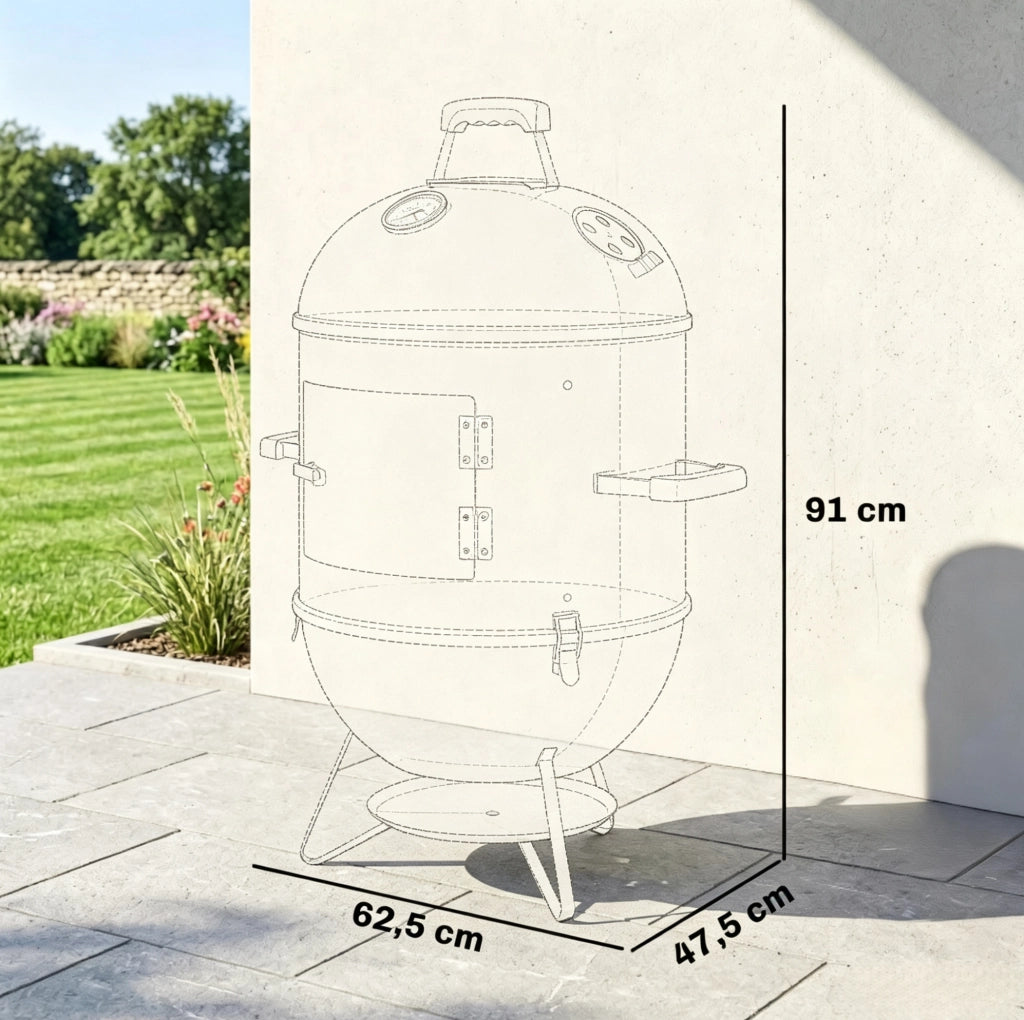 Barbecue affumicatore a carbone nero con 3 griglie e termometro
