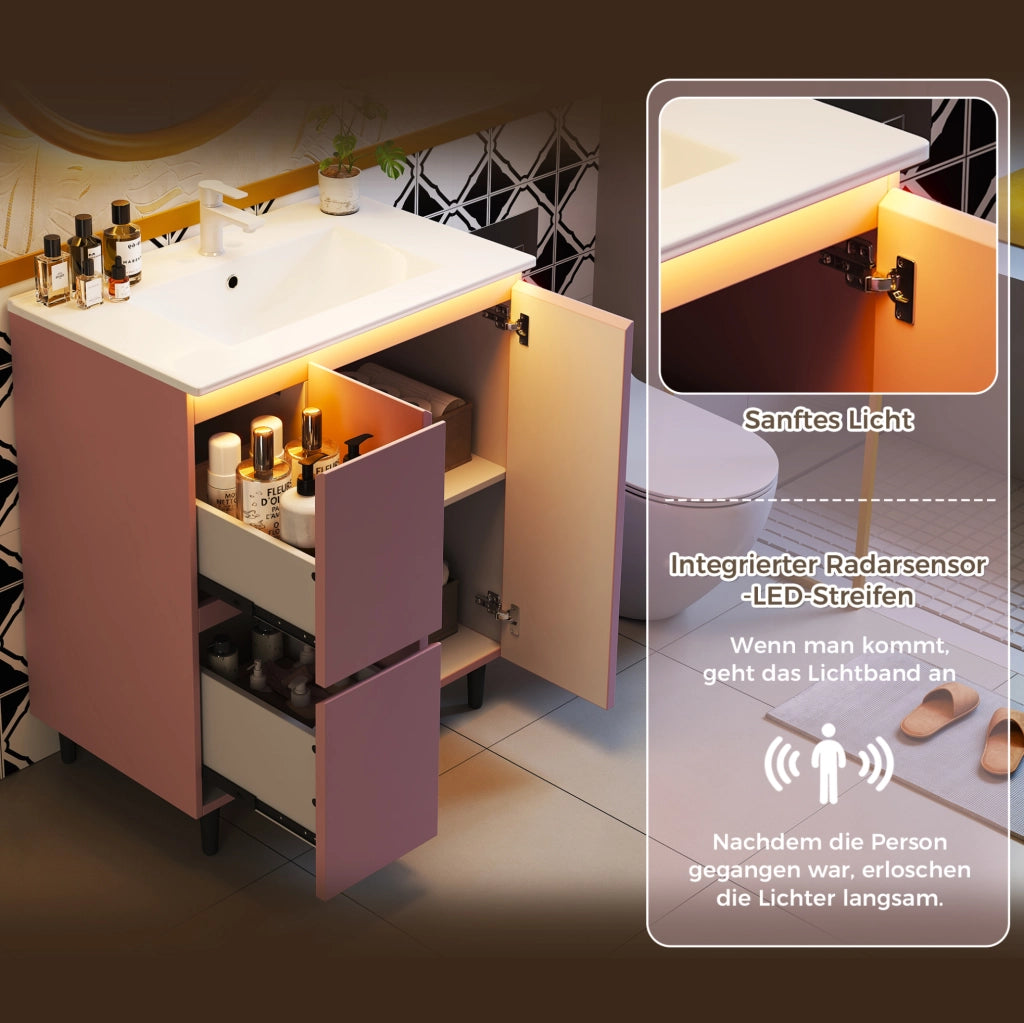 Mobile lavabo da bagno rosa con sensore luminoso, 76 × 47 × 89 cm